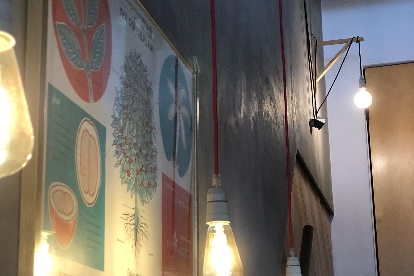 A framed vintage coffee plant botanical poster on kokkos's wall, hanging Edison bulbs on red cords lit warm against the dark plaster