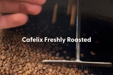 A hand checking freshly roasted coffee beans cooling in the tray of Cafelix's roasting machine