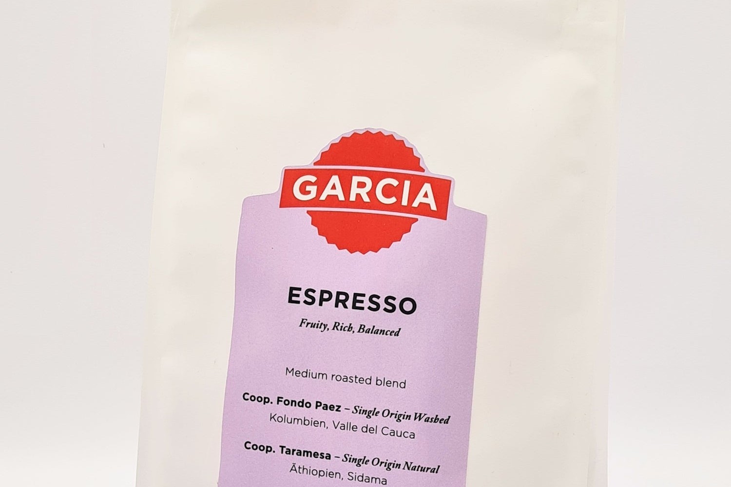 A Garcia house espresso retail bag listing its two cooperative single origin lots from Colombia and Ethiopia