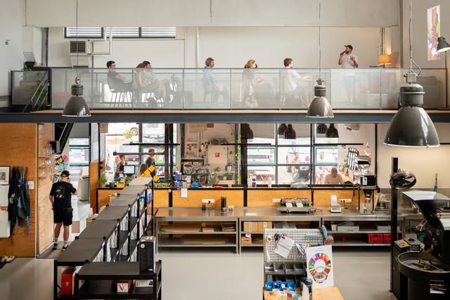 The two level industrial roasting and cafe space run by Triplefive Coffee Roasters