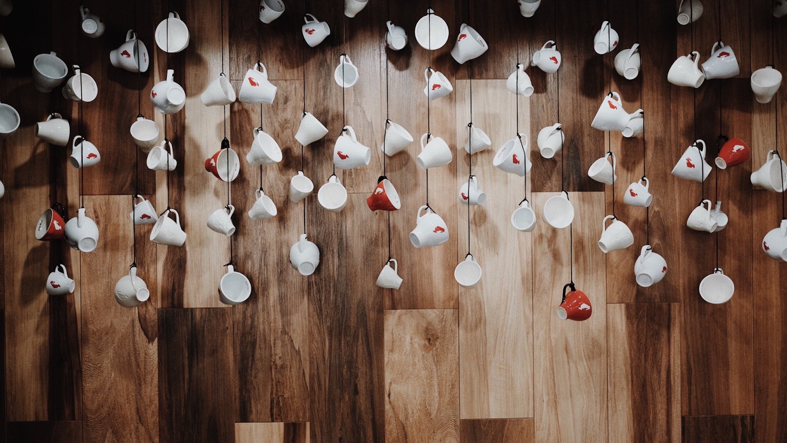 Rows of white teacups hanging upside down from a wooden ceiling at Poetry Coffeeshop