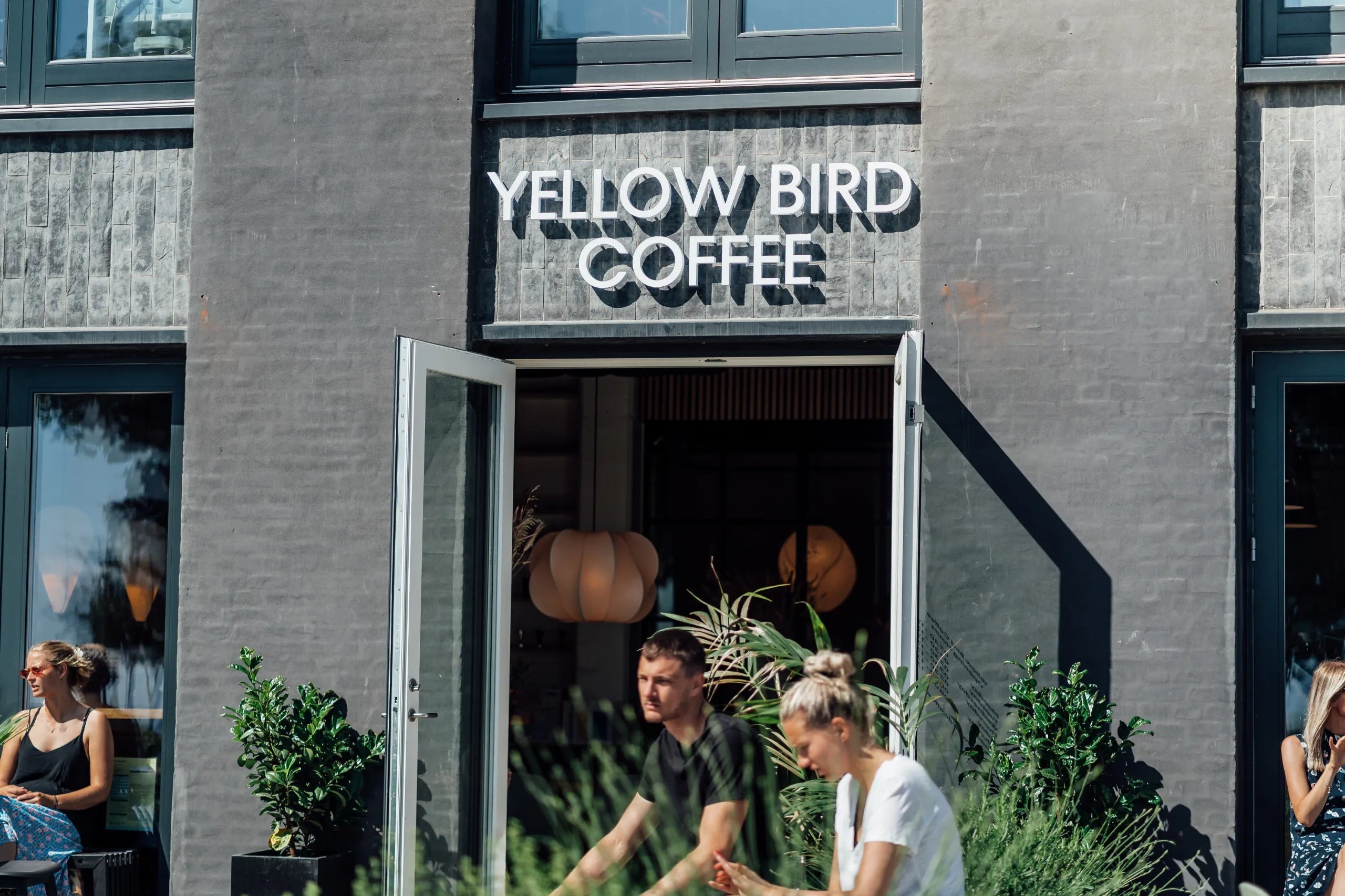 The grey brick exterior of Yellow Bird Coffee with its sign above the open door, tree branches framing the storefront and people seated outside