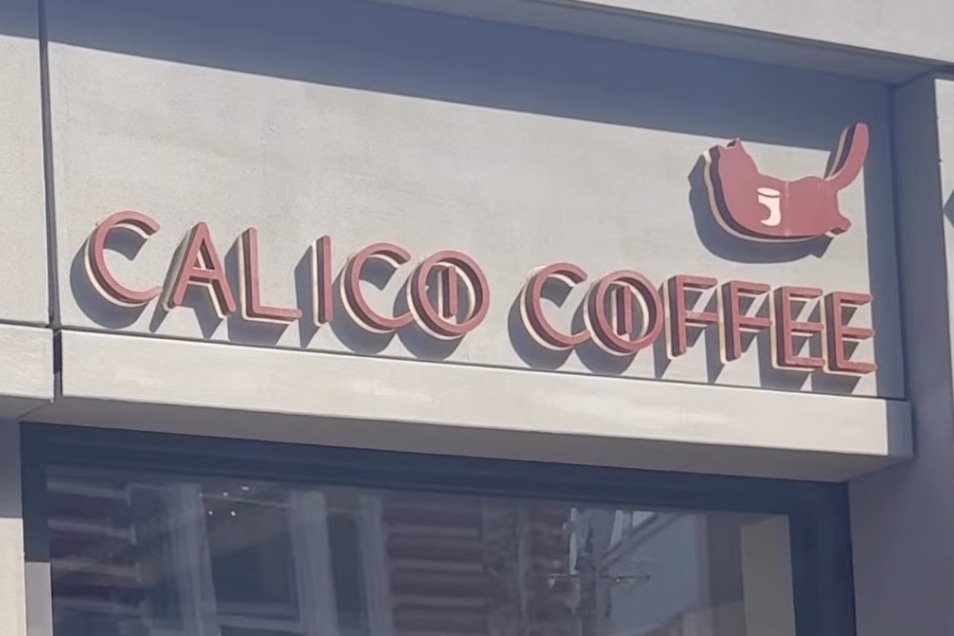 The Calico Coffee storefront sign, the shop's cat logo above the wordmark on Lower Marsh