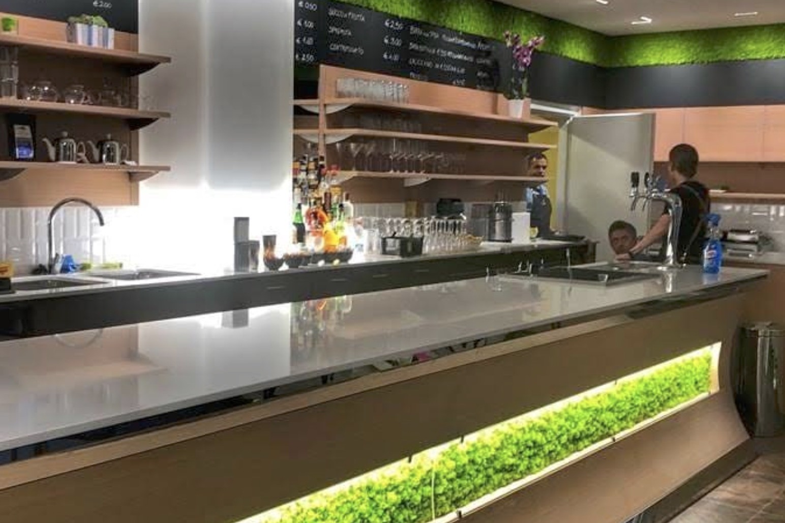The Bar Affori counter, glass shelving and a living green wall accent behind the bar