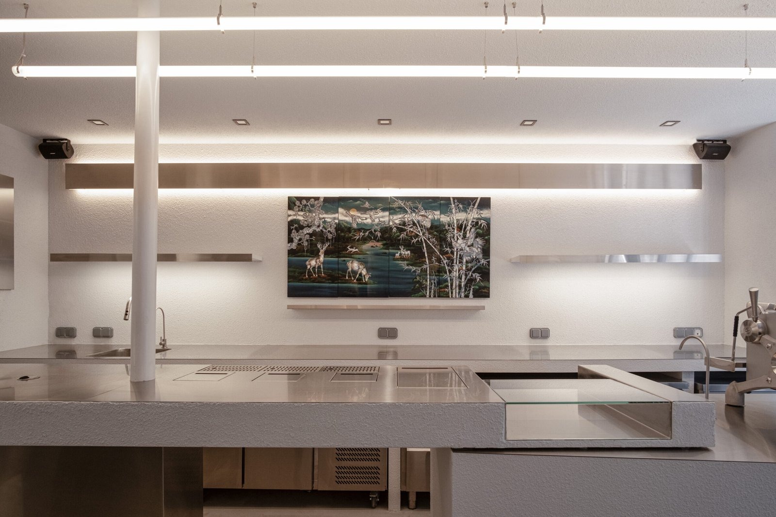 The pale, minimalist TIBA counter designed by Hypnos XP, a framed landscape artwork above steel shelving and linear lighting