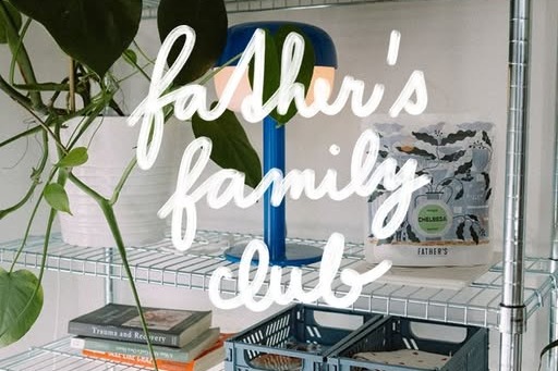 Open wire shelving at Father's Coffee Store with a neon father's family club sign, a potted plant, books, and one of the shop's own coffee bags